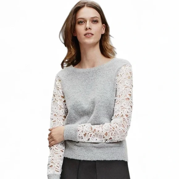 Nordstrom Halogen Lace Detailed Crewneck Sweater Size Medium Gray White - Picture 2 of 8